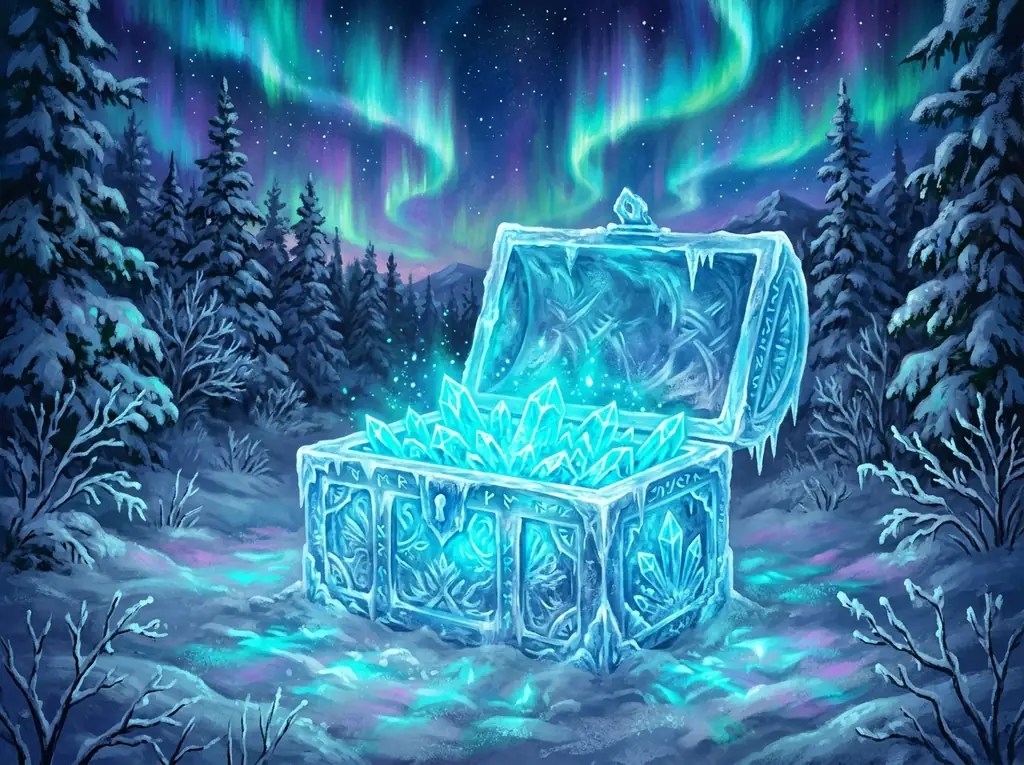 Glowing Chest of Shards under Aurora